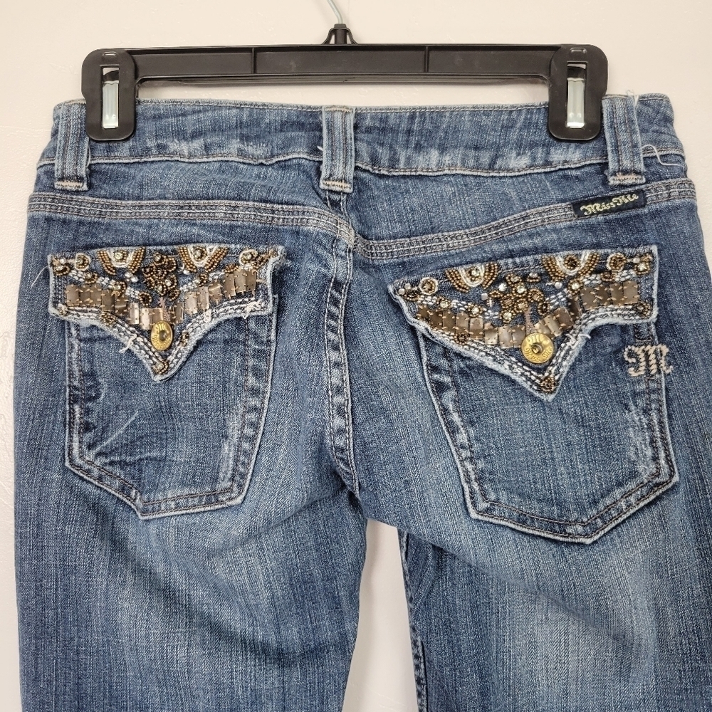 Miss Me Jeans 27 Medium Wash Denim Bootcut Brown Beaded Sequin Flap Pockets
